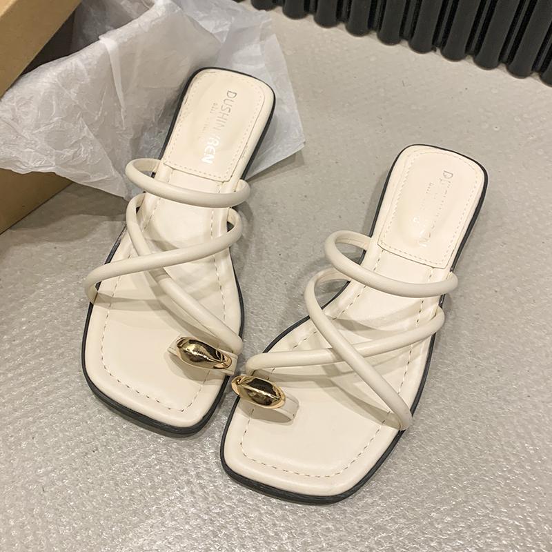 Aphixta Metalen Gesp Dec Dames Teenslippers Zomer Strand Slippers Smalle Band Schuifsandalen Snoepkleur Zoete Slippers Platte Sandalen