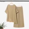 ZANZEA Womens Casual Two Piece Outfit Solid Color Asymmetric Tunic Tops and Wide Leg Pants Sets Loungewear Suits