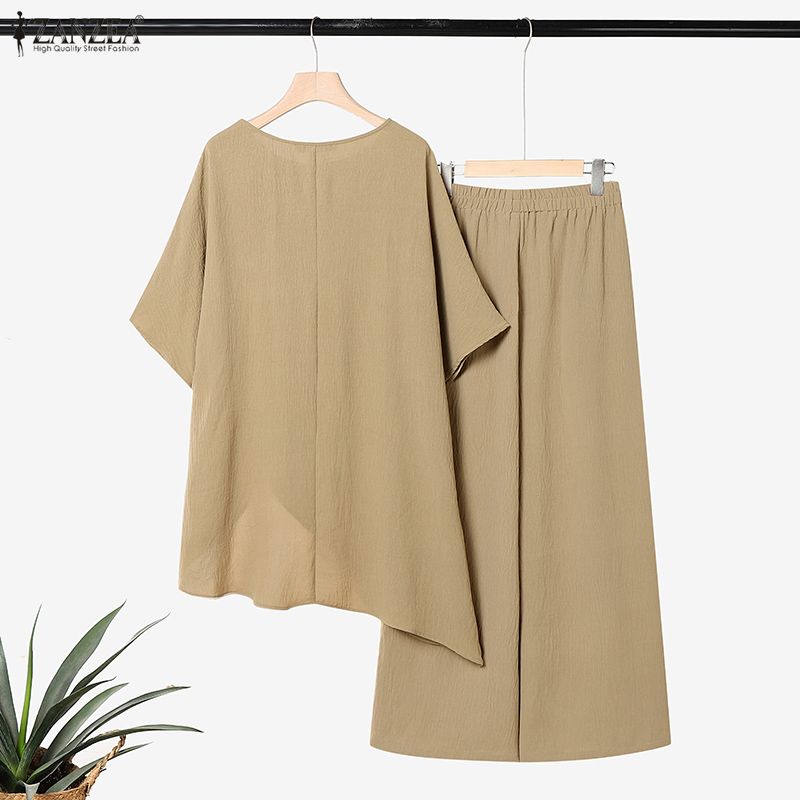 ZANZEA Womens Casual Two Piece Outfit Solid Color Asymmetric Tunic Tops and Wide Leg Pants Sets Loungewear Suits