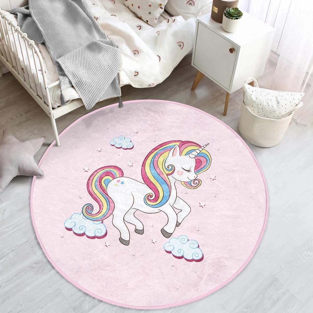 

Enchanted Unicorn Floral Round Rug for Home Decor Magical Rainbow Playful Floor Mat for Kids Nursery Bedroom Fantasy Decor 80x80cm