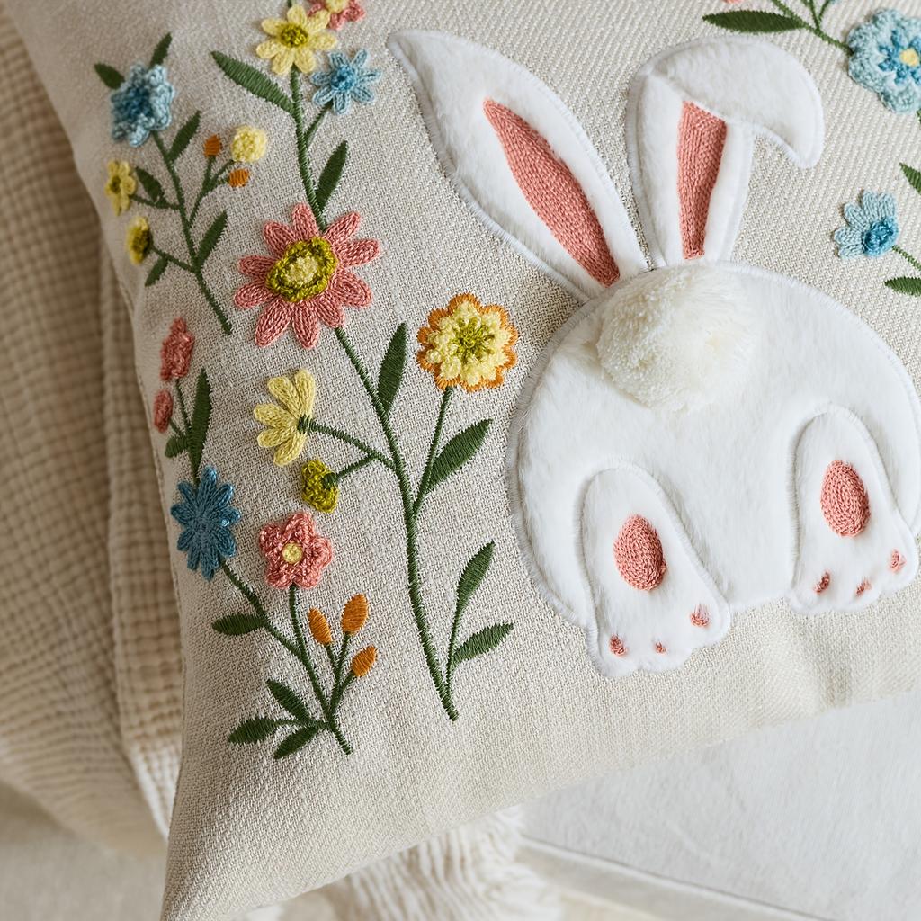 Cute Bunny Floral Pillow Cover 2D Faux Embroidery Print Easter Rabbit Wildflower Cushion Case For Sofa Bed Couch Cozy Home