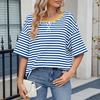 Women T-shirt Loose Fit Striped Print Round Neck Short Sleeve Tee Tops Elastic Fit Summer Pullover Tops