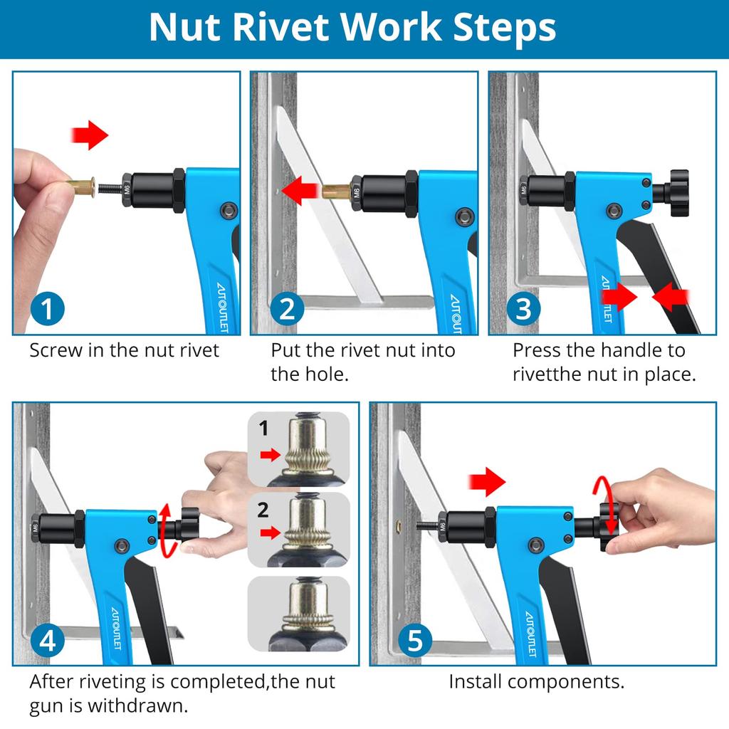 AUTOUTLET Hand Riveter Rivet Nut and Core Rivet Tool Set with Metric Mandrels and Rivet Heads 40 Rivet Nuts and 40 Core Set, 2-in-1 M3-M6 2.4-4.8mm