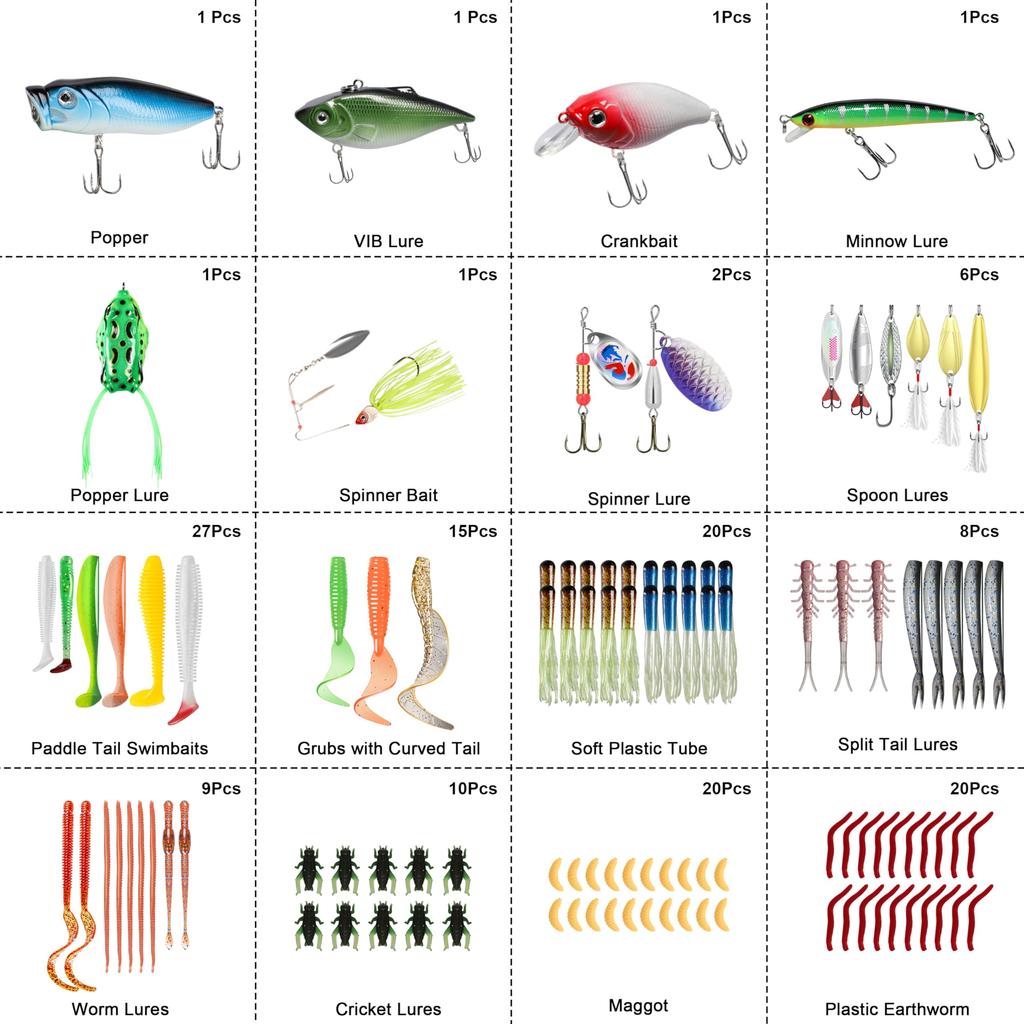 TRUSCEND Fishing Lure Bait Tackle: Fishing gear lure kit set including plastic worms, topwater lures, tackle box, etc.