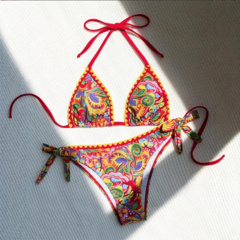 Vibrant Tropical Print Triangle Bikini with Side Tie Bottoms