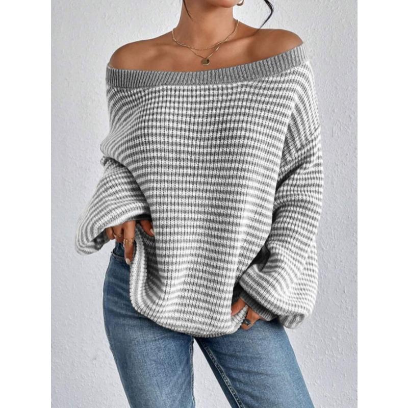 Fashion One-word Neck Striped Off-the-shoulder Knitted Women Sweater Autumn and Winter Pullover Loose Simple Office Sweaters Casual Long Sleeve Tops