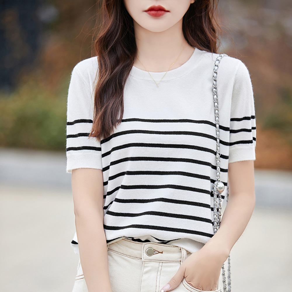 Short-sleeved Women's Summer O-neck Striped Casual Thin Pullover Women Korean Fashion Blouse Girls