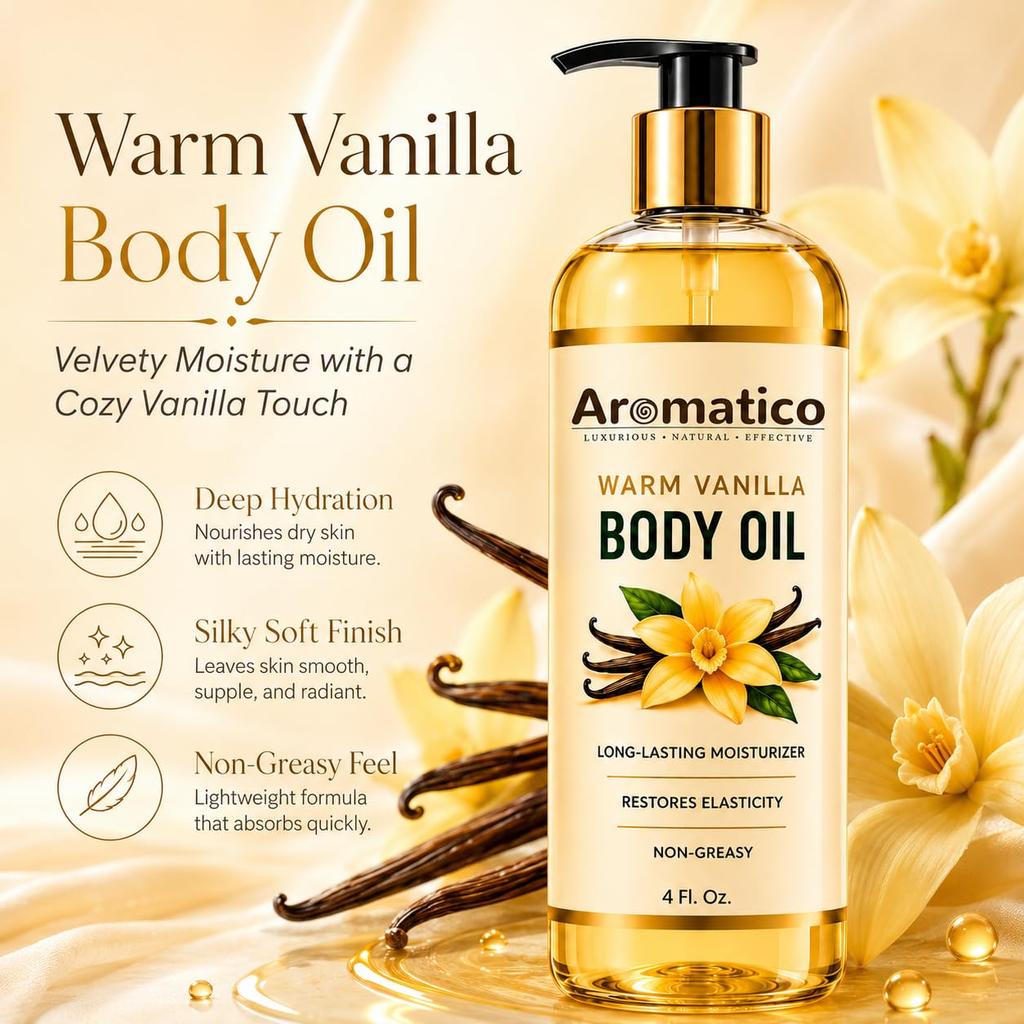 AROMATICO Warm Vanilla Body Oil for Women | Dry Skin-Deep Hydration Formula for Glowing Skin In the Winters | Non-Sticky Texture, for Daily Use Aft