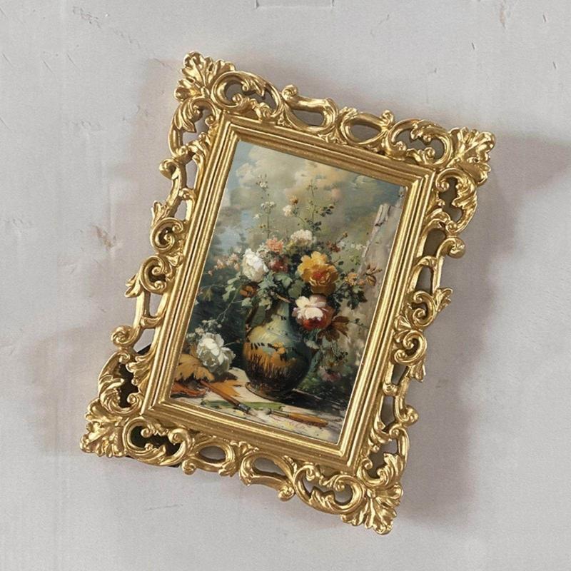 Small Photo Display Frame with Detailed Border and Gold Finish, Family Photo Accent for Bedroom, Living Room, or Entryway Use Home