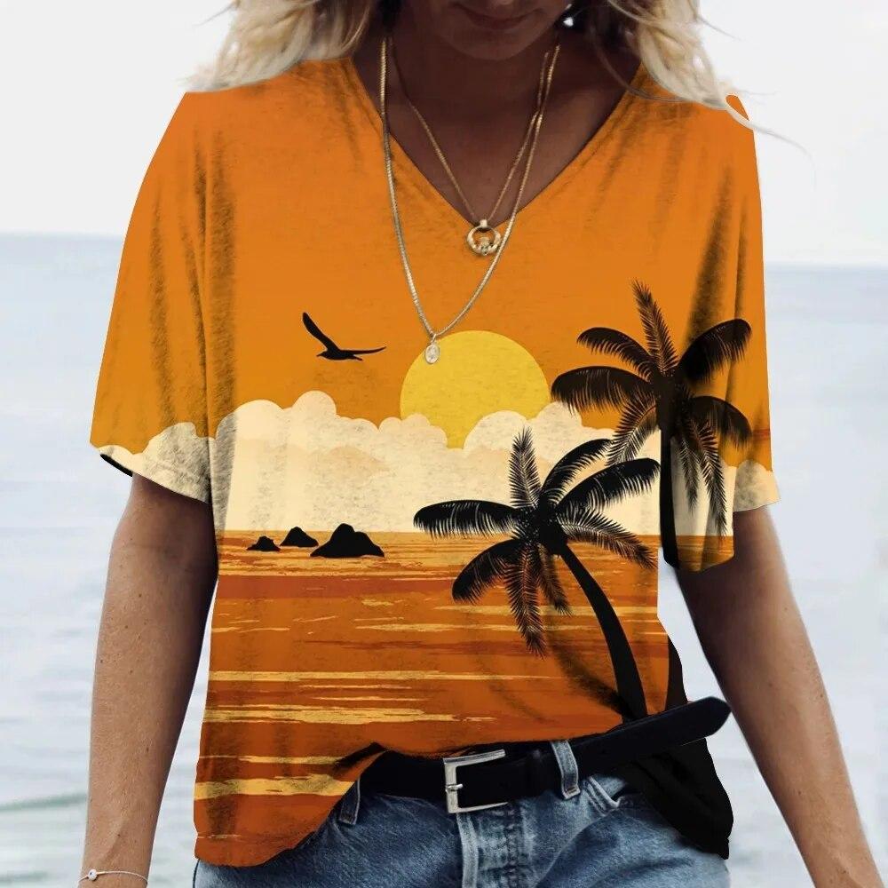Havajské tričko Dámský top top s výstřihem do V s krátkým rukávem Kokosový potisk Tričko Dámské oversized oblečení Dovolená Dámský top