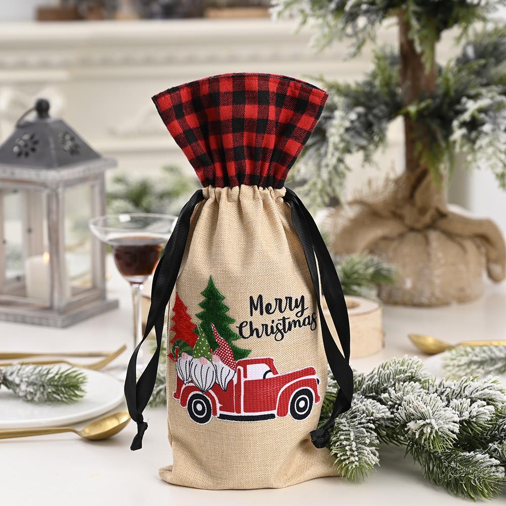 

Whimsical Santa Forest Car Wine Bottle Wrap Luxurious Checkered Fabric For Holidays
