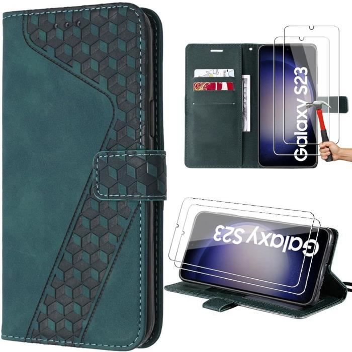 Protective Case - BOOLING - for Samsung Galaxy S23 - Checkered Pattern - Night Green - 2 Tempered Glasses Included