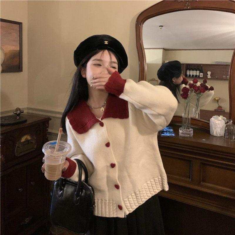 

Autumn 2025 Women s Red Color Block Peter Pan Collar Knit Cardigan Sweater One Size