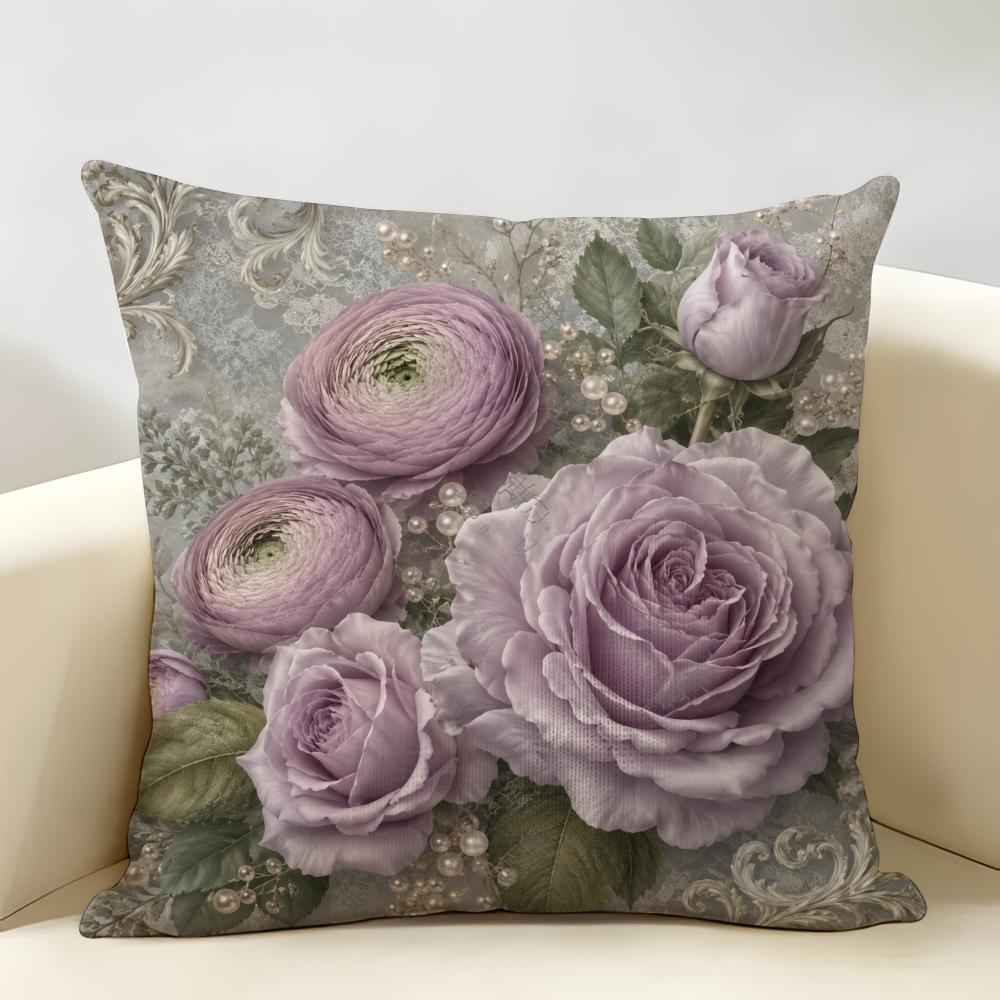 VintagePearlOrnateFloral Cushion Cover Durable Hypoallergenic Organic Linen Short Pillow Cover Washable