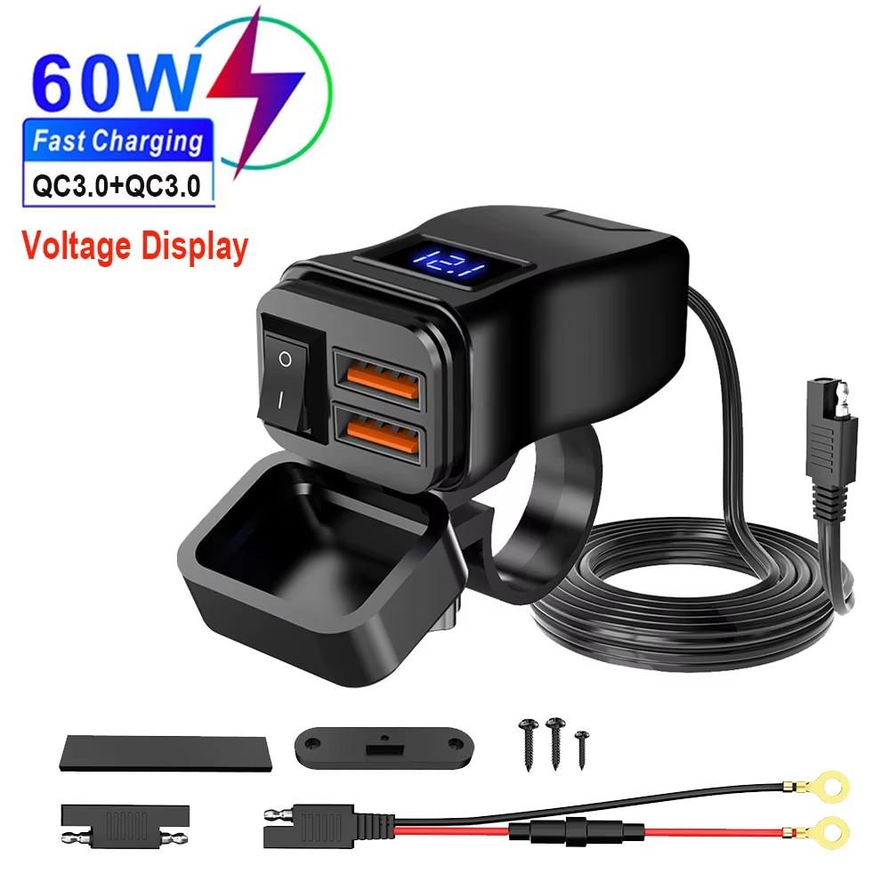 PD Dual QC3.0 Motorcycle USB Charger Fast Charging With Voltmeter Thermometer Digital Display Mobile Phone Charger Socket