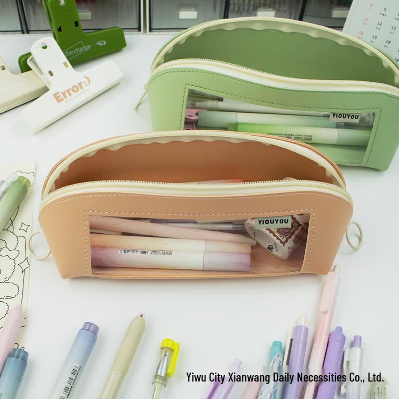 Morandi Color Double-Sided Leather Pencil Case with Transparent Window - Cross-Border 2024 Edition