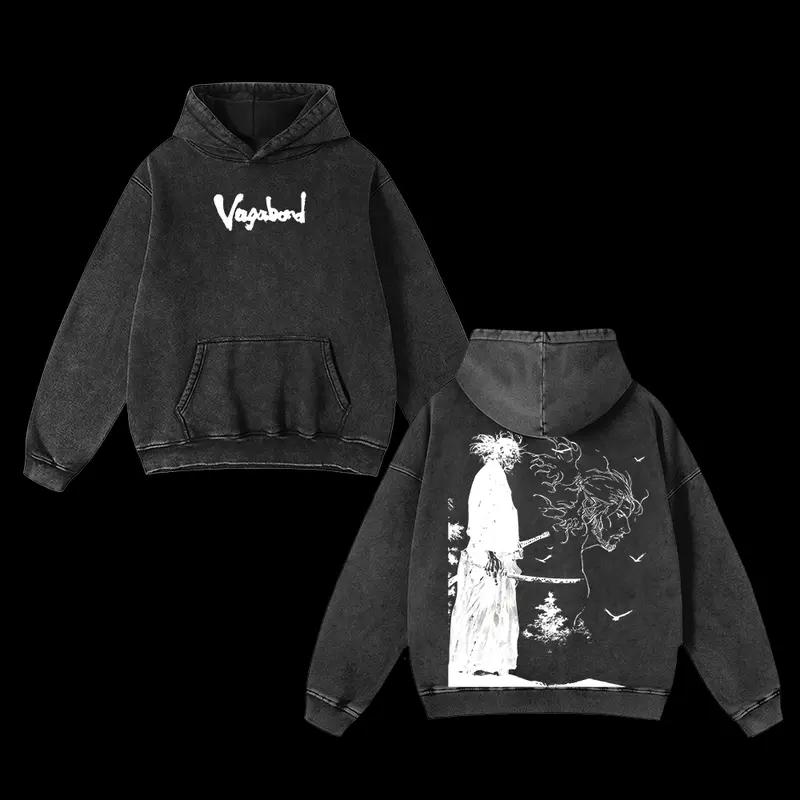 

Аниме одежда Vagabond Мусаси Миямото Графическое худи Мужские хлопковые худи с капюшоном Винтажный выстиранный свитшот Харадзюку Мужская уличная одежда XXL чёрный