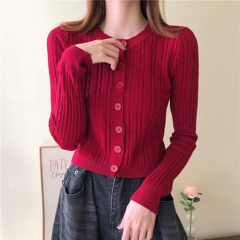 

Простой Темперамент Однотонный Вязаный Кардиган для Женщин Весна Осень Тонкий С Длинным Рукавом Корейские Однобортные Свитера One Size красный