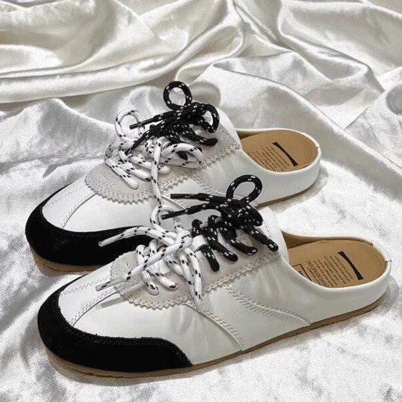Leather casual bag head half-drag soft-soled Muller one-pedal lazy thick-soled flat-bottomed silver Agande training board shoes women