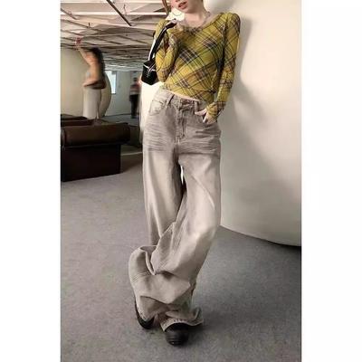 Damen Retro High-Waist Hellgraue Weitbeinjeans für Frühling/Sommer