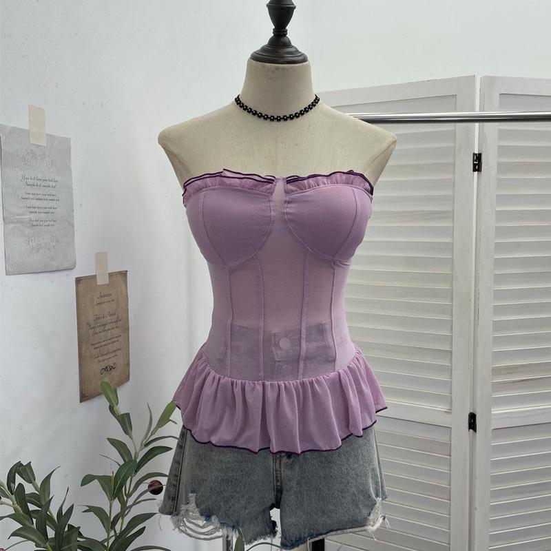 Polka Dot Mesh Bandeau Top with Padded Bustier and Open Back