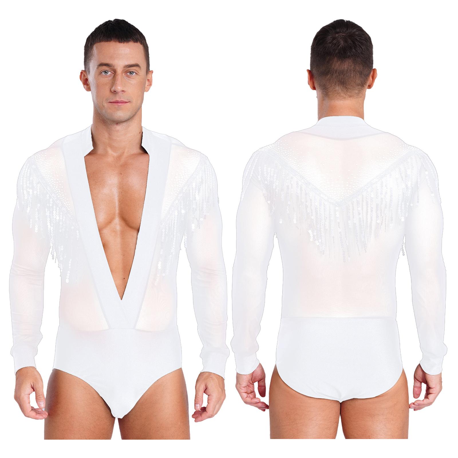 

Men s V Neck Latin Modern Dance Leotard Shiny Rhinestone Jazz Rumba Chacha Ballroom Shirts Bodysuits Samba Salsa Tango Jumpsuit S білий