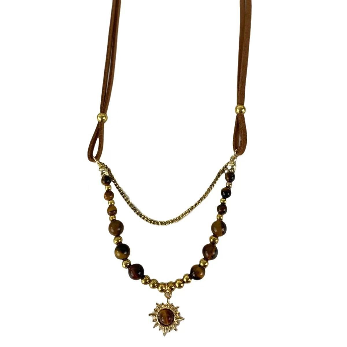 

Maillard Tiger s Eye Stone Necklace Women s Retro Temperament High Sense Light Luxury Clavicle Chain Beaded Sun Neck Chain Accessories Tide