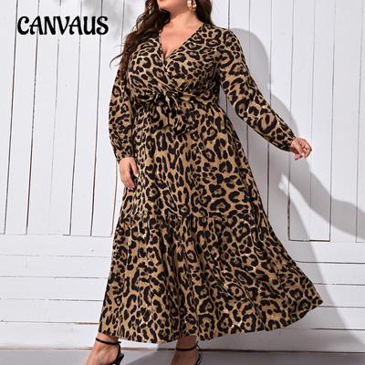 Vestito lungo casual con stampa leopardata vintage con scollo a V da donna, primavera e autunno, taglie forti