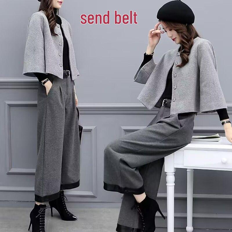 2025 Women's Plus Size Woolen Two-Piece Suit: Short Coat & Wide Leg Pants for Autumn/Winter Fashion.