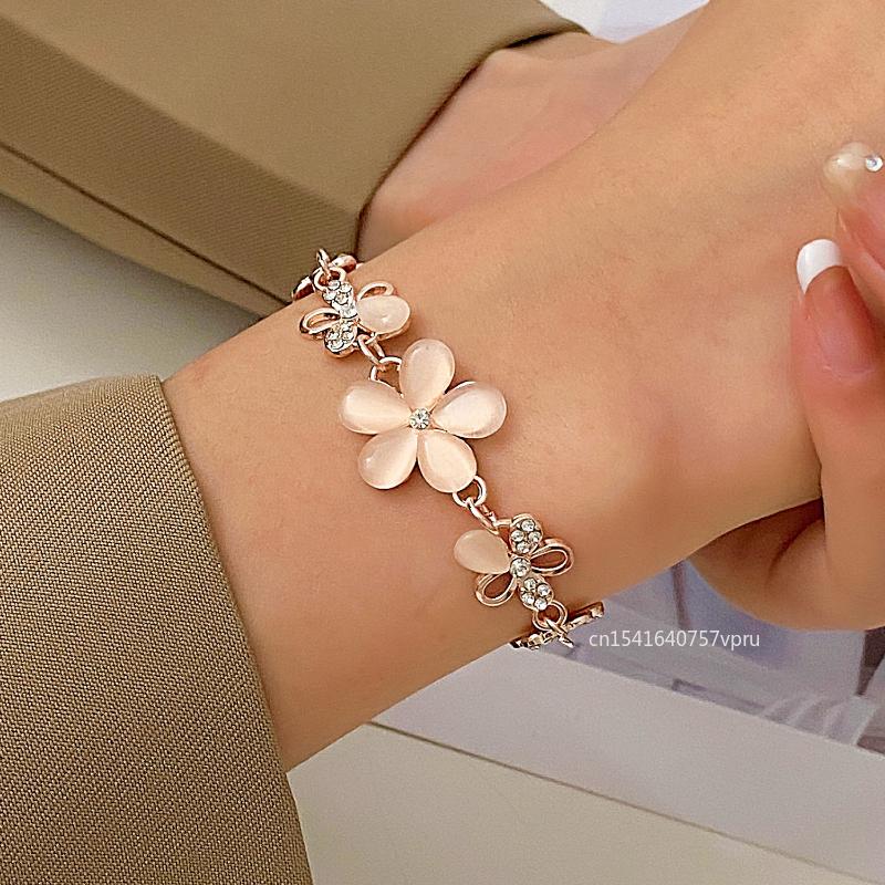 Charming Silvery/Gold Plated Women Pink Cat's Eye Opal Flower Chain Bracelet Gift For Women Girl