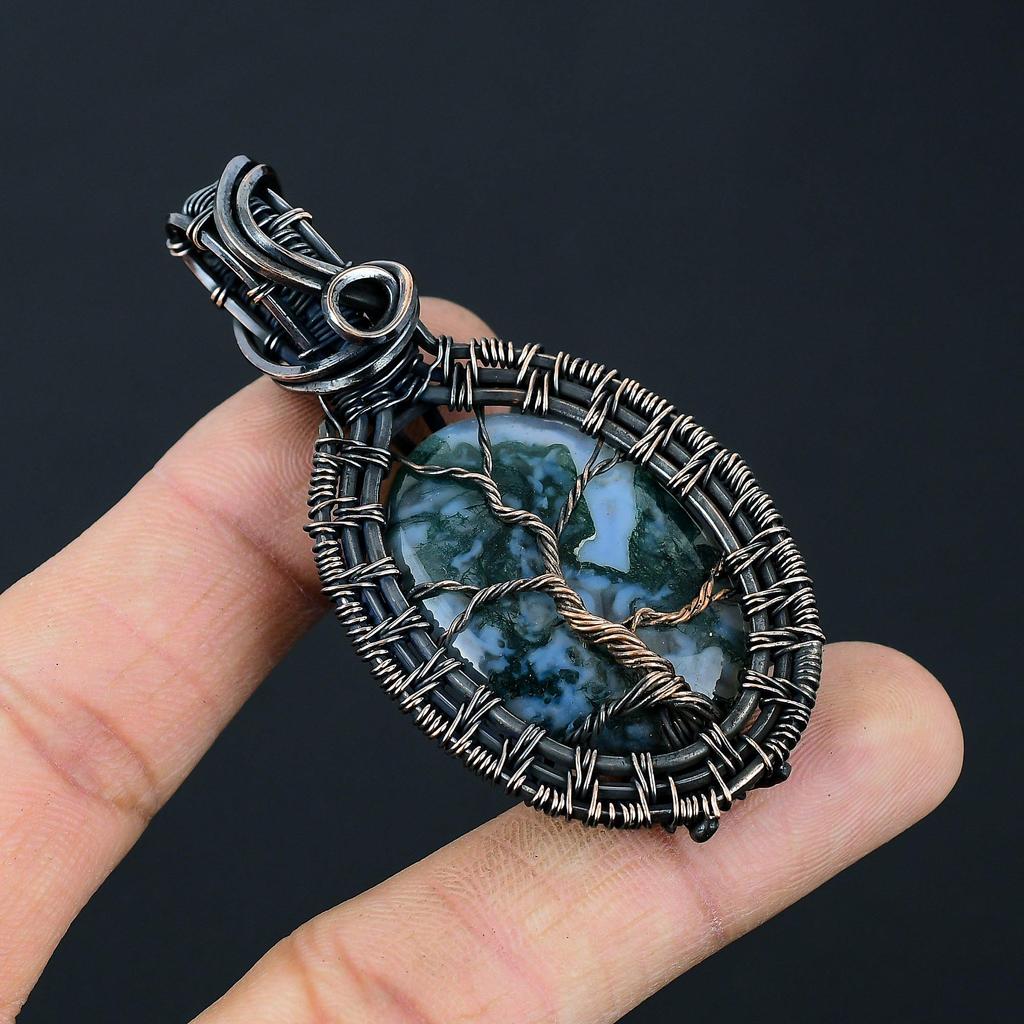 Tree Of Life Moss Agate Gemstone Handmade 925 Sterling Silver Jewelry Pendant For Her