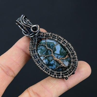 Albero della Vita Agata Muschiata Pietra Preziosa Fatto a Mano Argento Sterling 925 Gioiello Ciondolo Per Lei