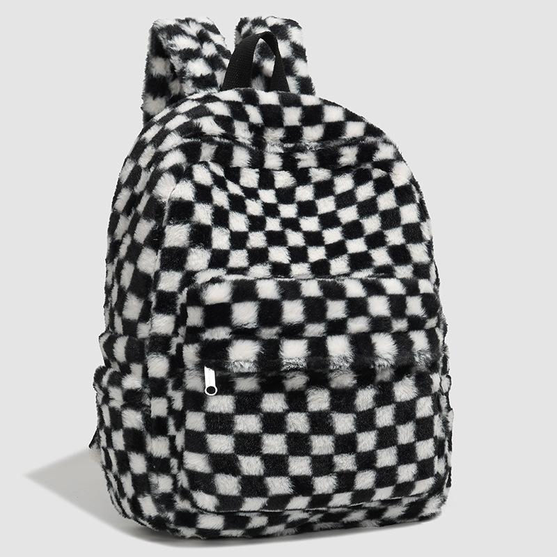 Schoolbag niche design plush backpack women's 1011 new plaid college style shopping backpack student schoolbag