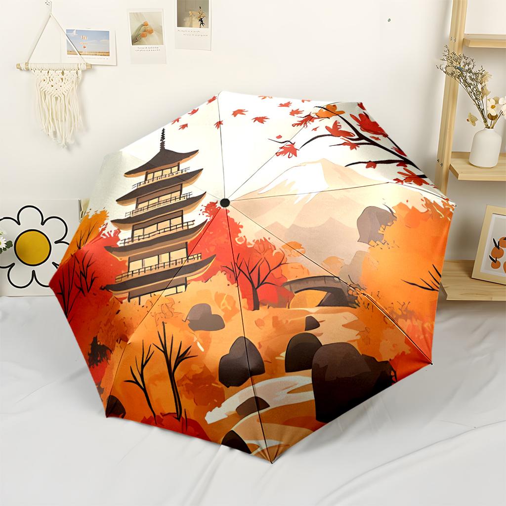 Cherry Blossom Pagoda Sunset Automatic Umbrella Compact 8-Rib Lightweight Durable for Outdoor Daily Use Elegant Women's Umbrella Spiritual Gift