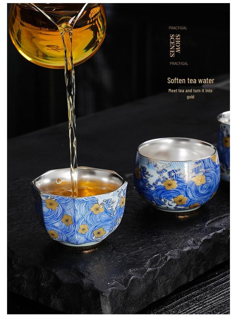 Sterling Silver & Ceramic Gilded Teacup - Kung Fu Style Master Tasting Cup Business Gift
