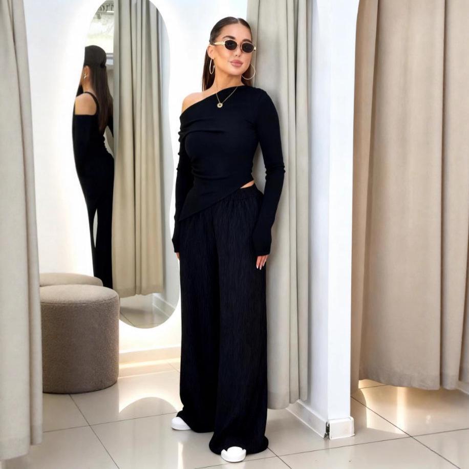 2025 Autumn Women's One-Shoulder Casual Two-Piece: Long-Sleeved Top and Wide-Leg Pants.