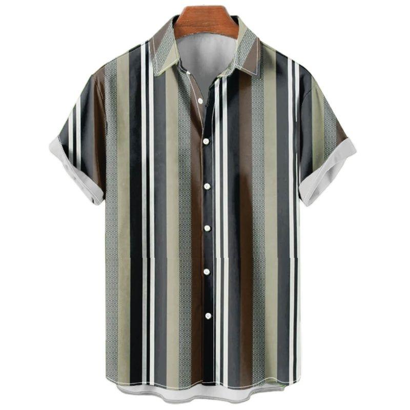 Men's Hawaiian Shirt Summer Stripe Printed Short Sleeved Shirts Lapel Button Large Men Street Clothing Fashion Casual Social Top