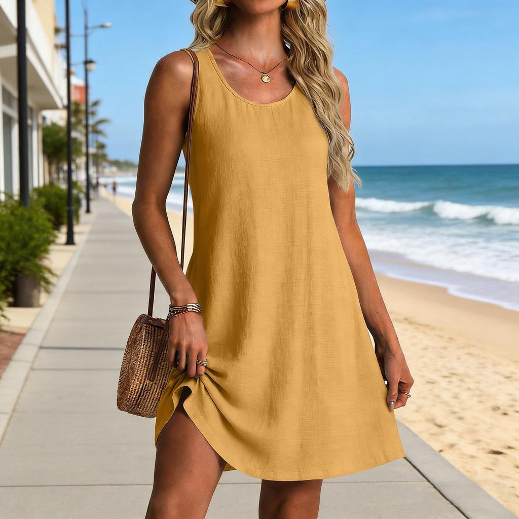 2026 Sommer Strand Locker V-Ausschnitt Ärmellos Baumwolle Leinen Kleid für Damen