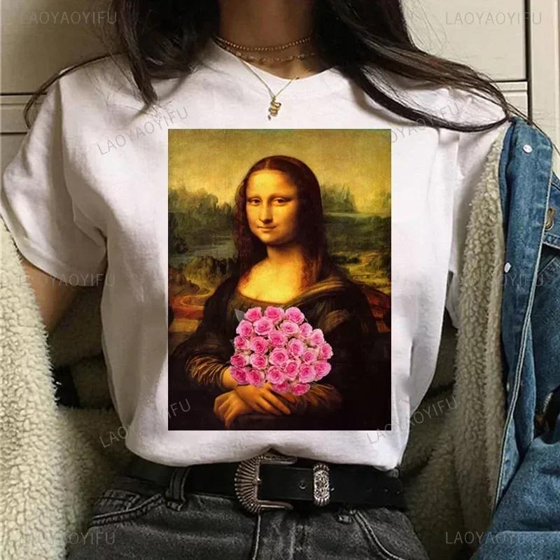 Vintage Humor Mona Lisa Print Women Fashion Top Funny Rose Mona Lisa T-Shirt Classic Camise Breathable Short-sleev
