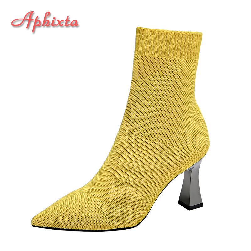 Aphixta Women Winter Autumn Knitted Sock Boots Colorful Eletant High Heel Shoe Stretch Fabric Slip-on Ladies Ankle Boots Size 42