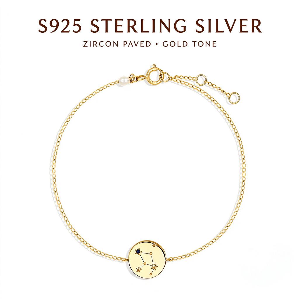 S925 Sterling Silver Constellation Zircon Bracelet, 12 Zodiac Round Disk Gold Chain Bracelet for Women, Dainty Ins Style Everyday Jewelry Gift