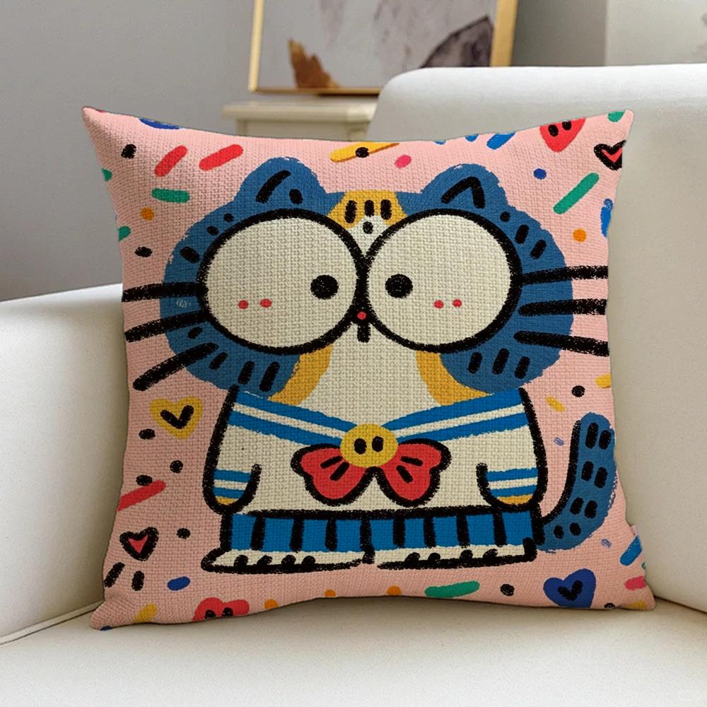 1P-Spring Day Cats Cushion Cover Cushion Cover Pillowcase, Anti-Mite Invisible Zipper, Linen Sofa Cushion