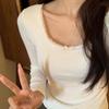 Women's Slim Fit Lace Trim Long Sleeve Plush T-shirt for Autumn/Winter