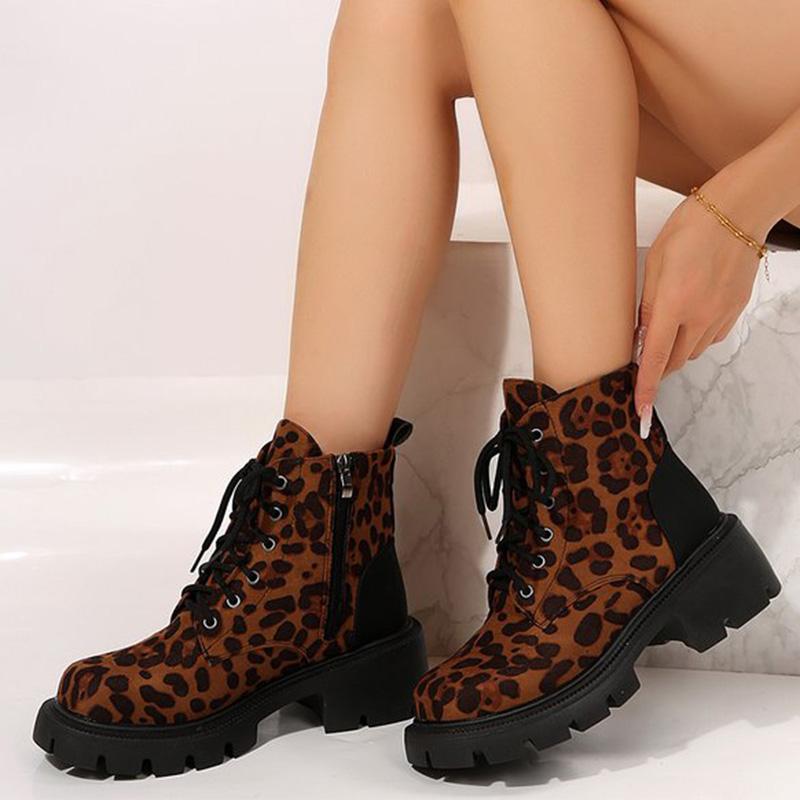 Fashion Y2K Leopard Faux Suede Boots for Women Vintage Square Heel Platform Ankle Boots Woman 2025 Autumn Zipper Up Booties Female