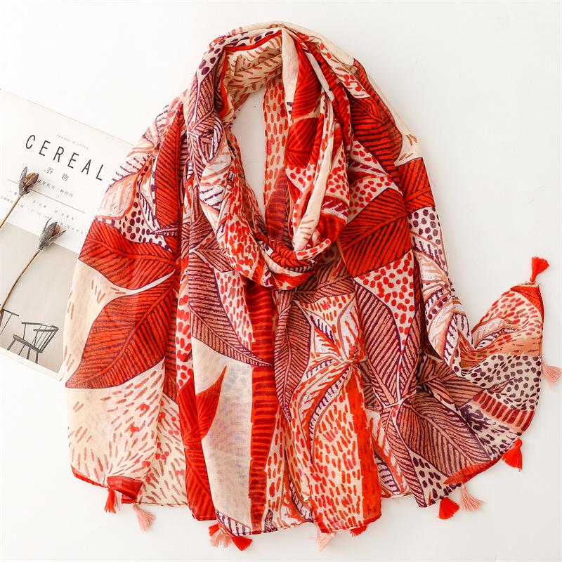 Yitao Women's Ethnic Cotton-Linen Scarf: Orange Wheat Ear Tassel Design, Ideal for Travel, Beach, or Shawl Use