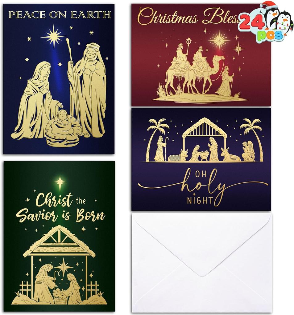 JOYFY 24 Tarjetas de Felicitación Religiosas de Navidad con Sobres 4 Diseños Set en Caja para Invierno Navidad Temporada Navideña Tarjetas Regalos