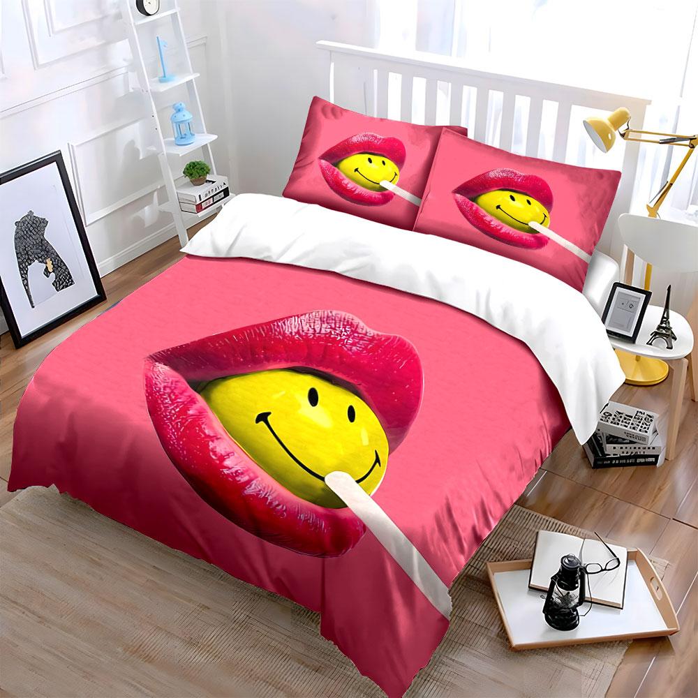 Smiley Lollipop Lips Art Bedding Duvet Cover Set Duvet Cover Pillowcases (1*Duvet Cover 2*Pillowcases, without duvet insert)