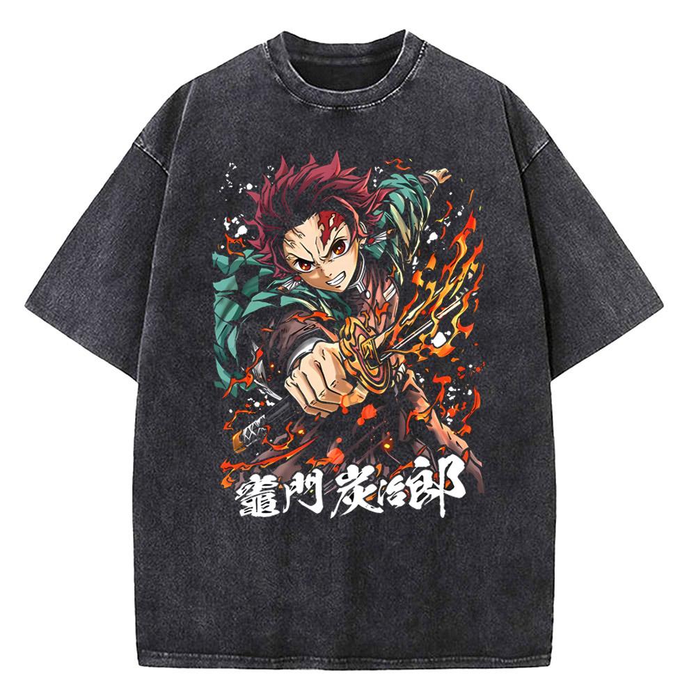 Harajuku Demon Slayer Grafik T-Shirt Herren Vintage Anime Gewaschene T-Shirts für Damen Streetwear Sommer T-Shirts T-Shirt