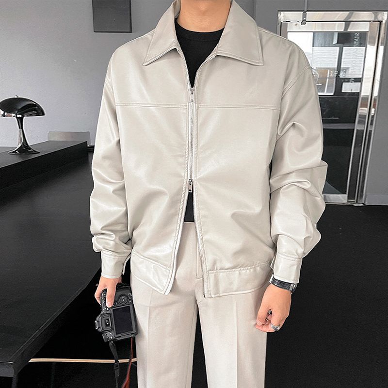 Leather Jacket Men's Spring and Autumn Korean Style Loose and Trendy Workwear Lapel Motorcycle Leather Jacket