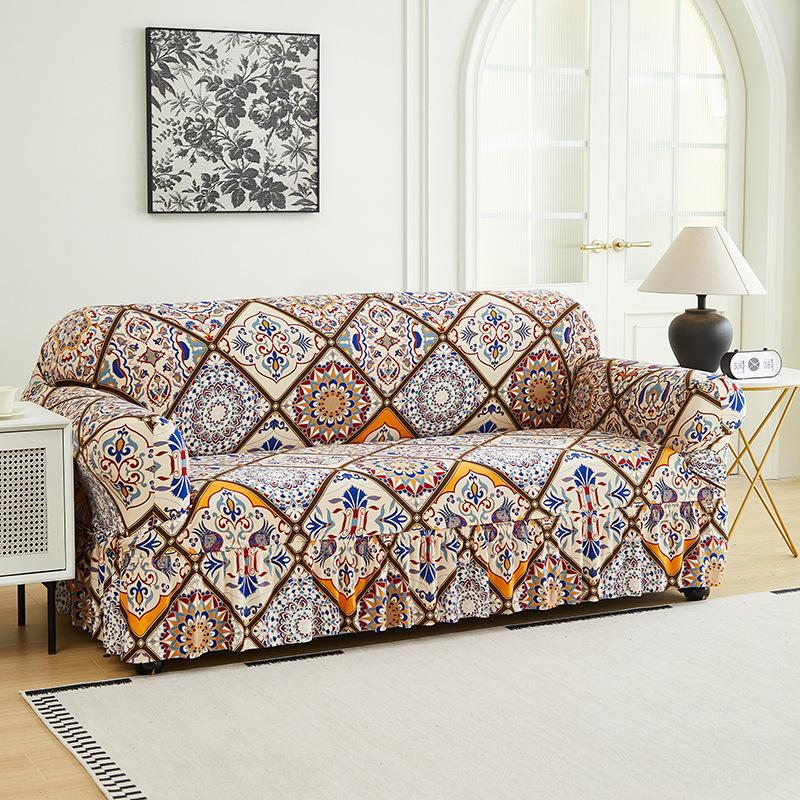 Stretch Printed Sofa Slipcover With Skirt Furniture Protector For Living Room Bedroom Home Decor
